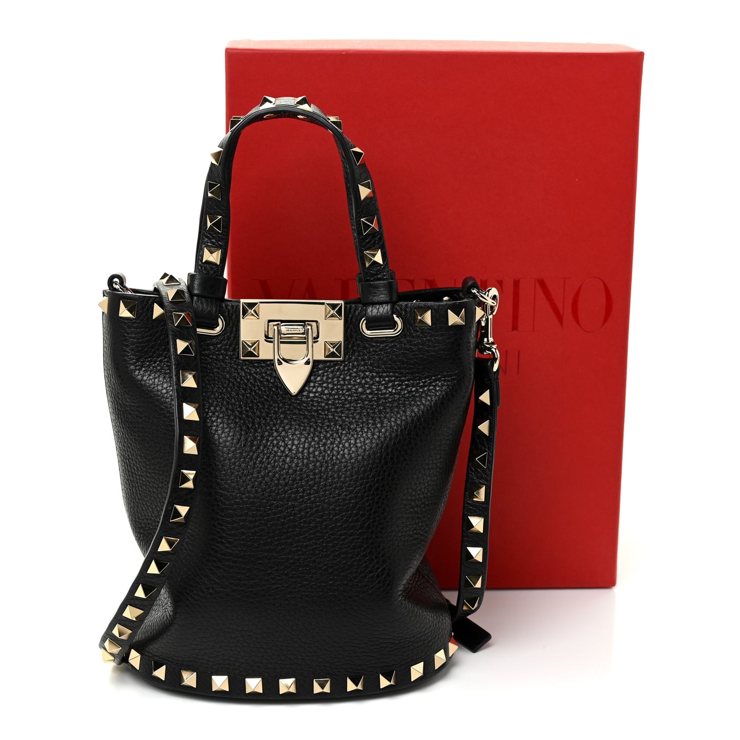 Pebbled Calfskin Rockstud Bucket Bag Black