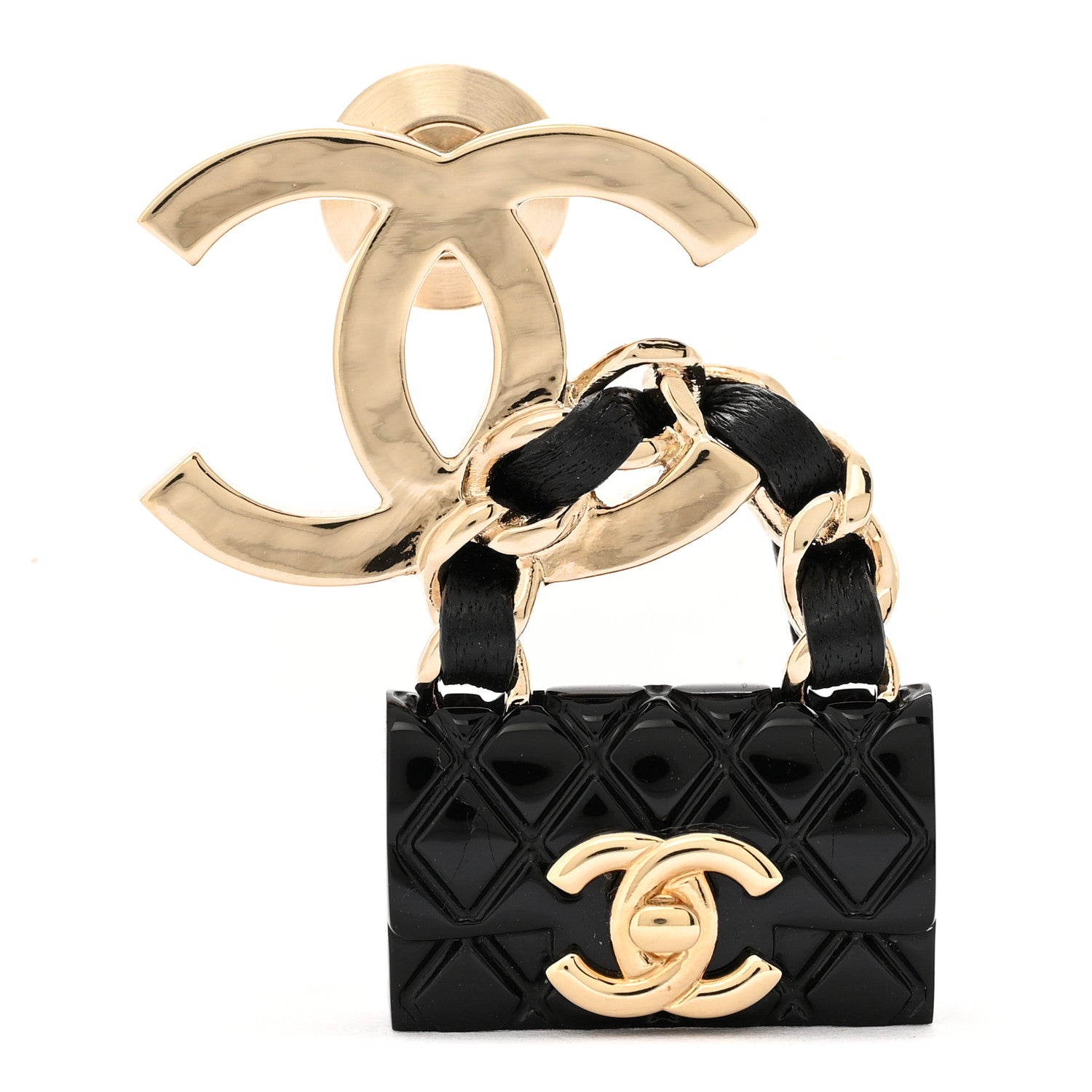 Chanel Metal Enamel CC Quilted Flap Brooch Gold Black 1 of 4