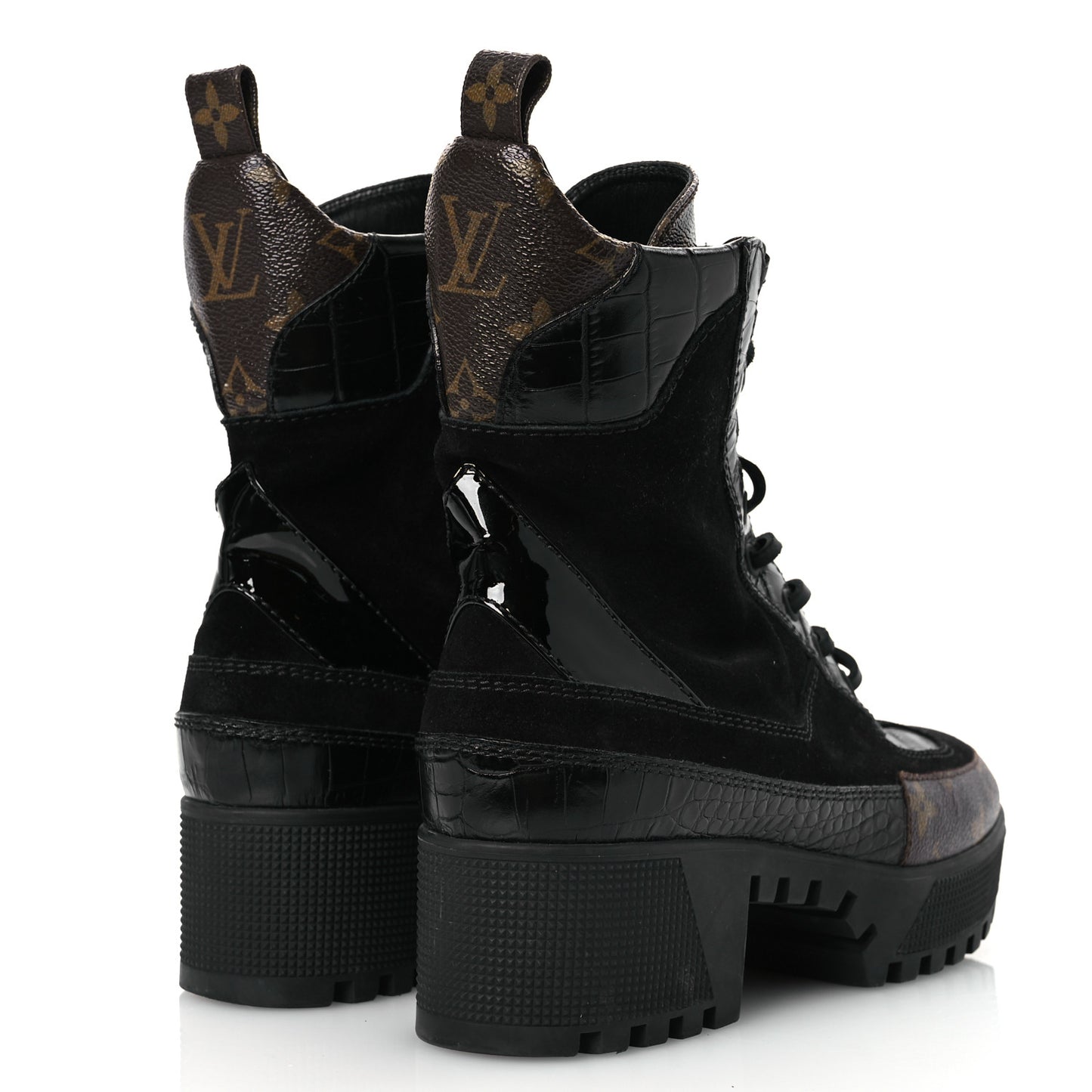 Suede Calfskin Crocodile Embossed Patent Monogram Laureate Platform Desert Boots 37 Black