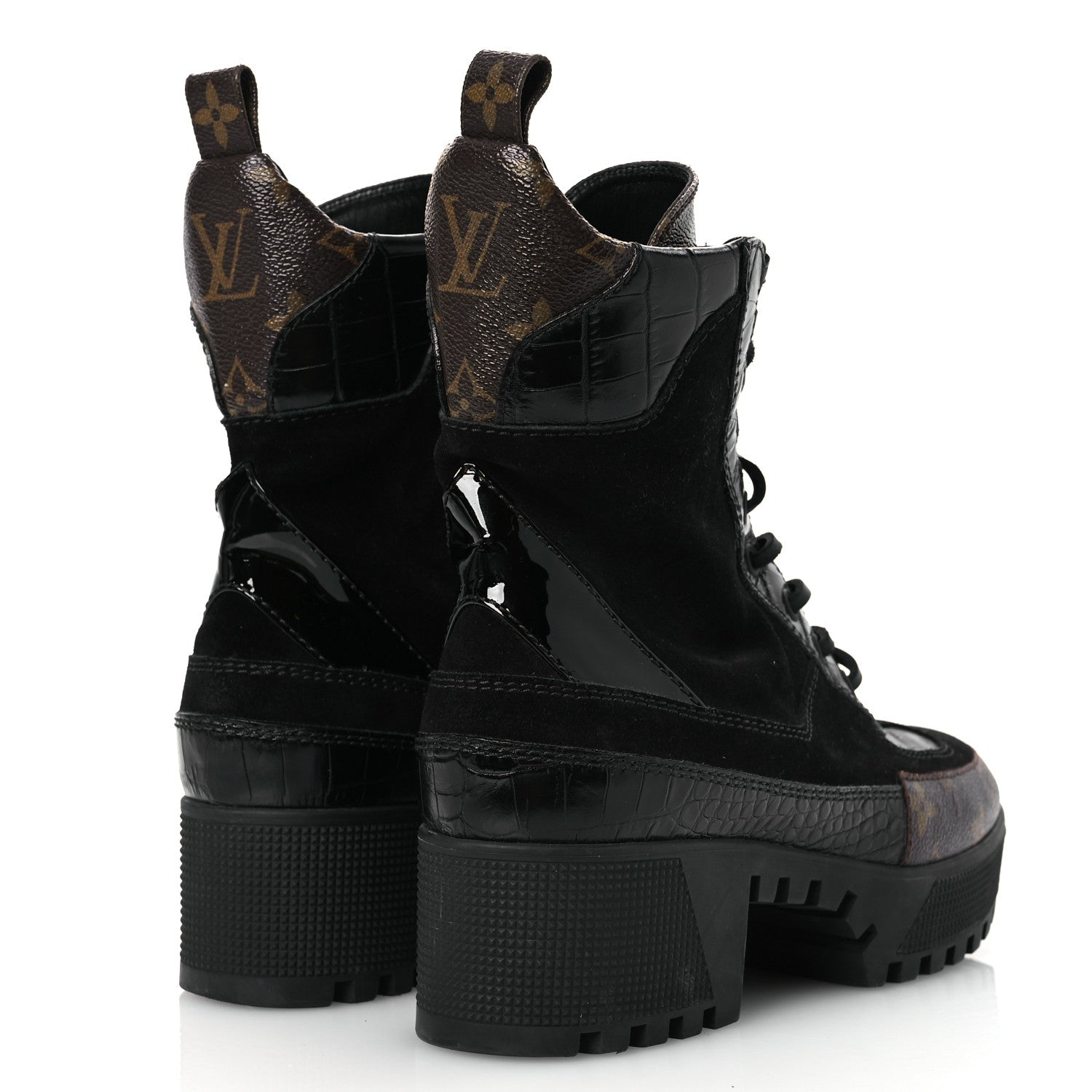 Louis Vuitton Suede Calfskin Crocodile Embossed Patent Monogram Laureate Platform Desert Boots 37 Black 5 of 12