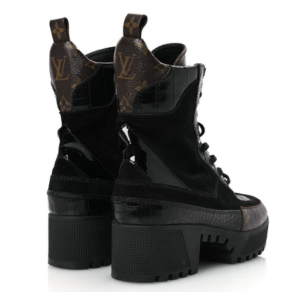 Louis Vuitton Suede Calfskin Crocodile Embossed Patent Monogram Laureate Platform Desert Boots 37 Black 5 of 12