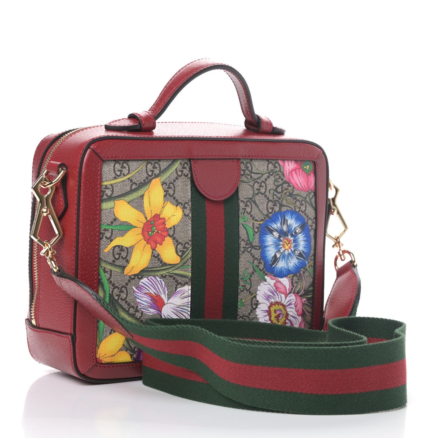 GG Supreme Monogram Flora Web Small Ophidia Top Handle Shoulder Bag Hibiscus Red