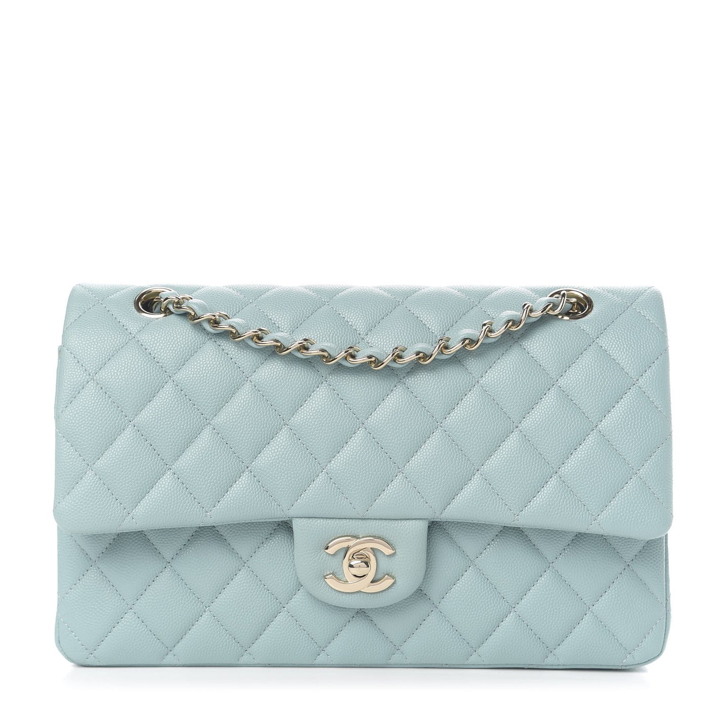 Caviar Quilted Medium Double Flap Light Blue