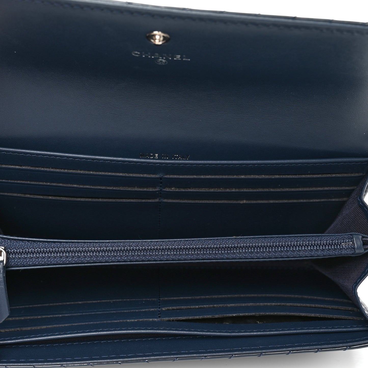 Patent Chevron Quilted Large Gusset Flap Wallet Navy