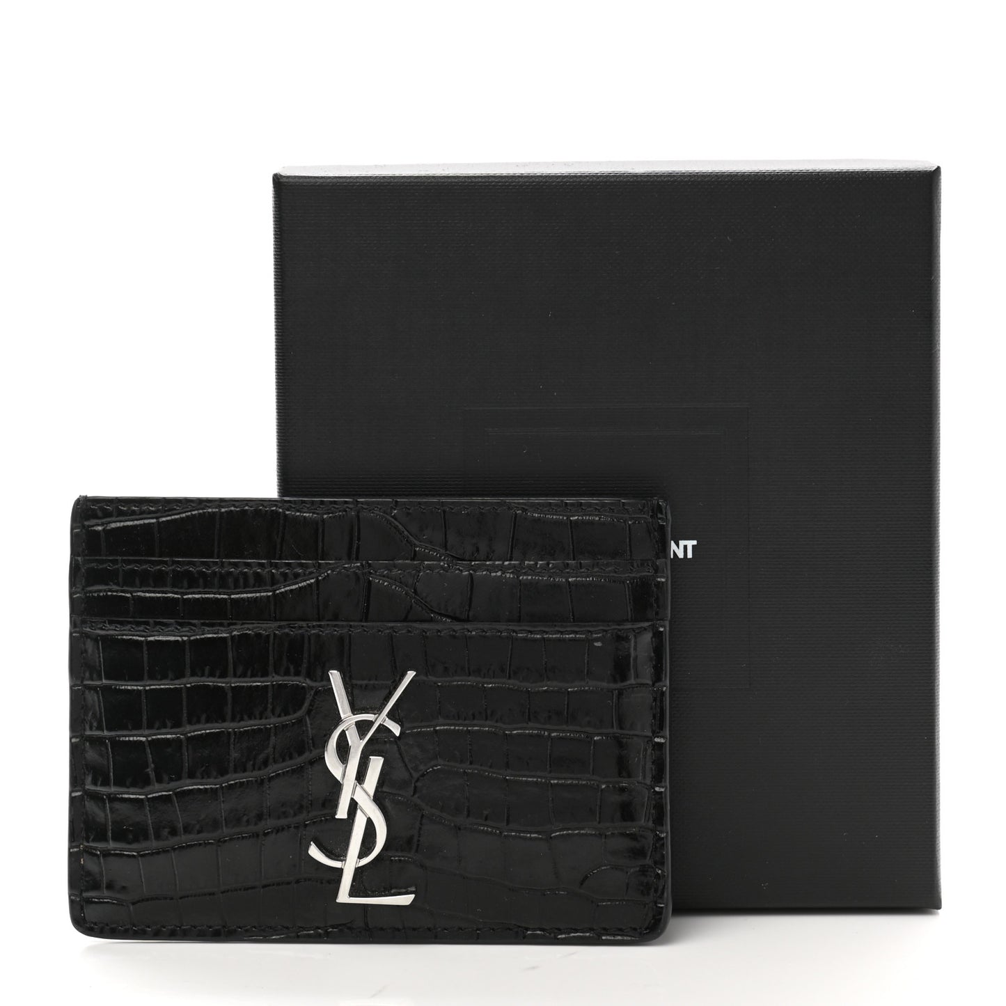 Calfskin Crocodile Embossed Monogram Credit Card Case Black