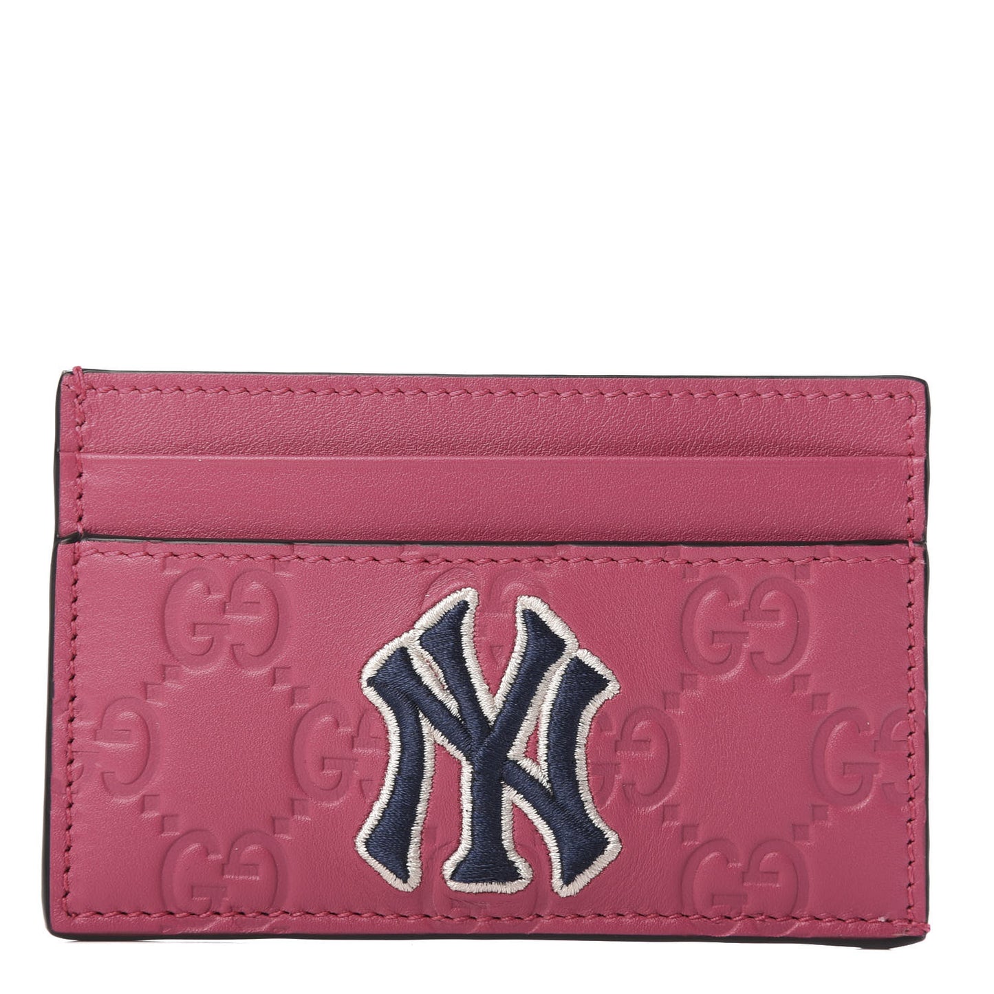 X MLB Guccissima Signature NY Yankees Embroidered Card Holder Box Pink Blue Ivory