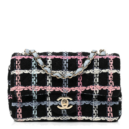 Chanel Tweed Quilted Mini Rectangular Flap Black Pink Blue Ecru 1 of 8