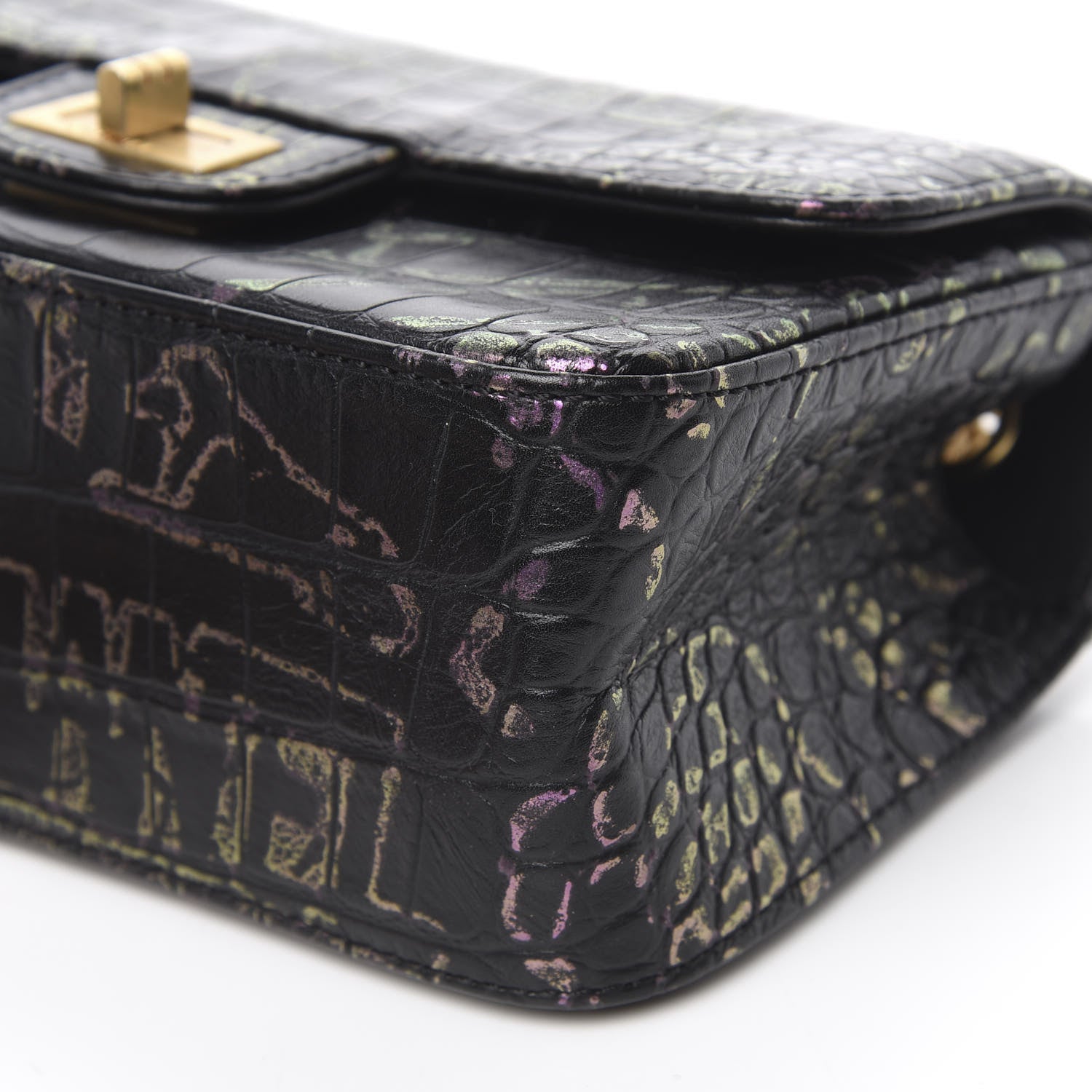 Chanel Calfskin Crocodile Embossed Graffiti 2.55 Mini Cocodile Reissue Flap Black Pink 9 of 12