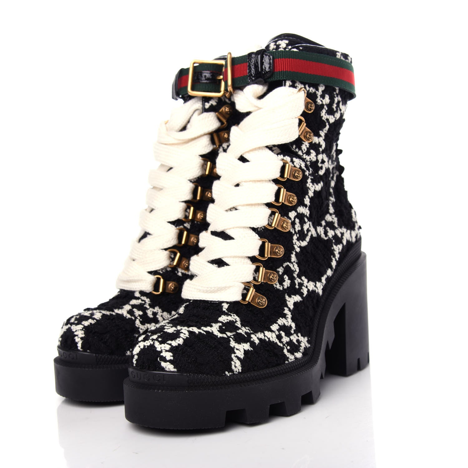 Gucci Tweed GG Monogram Lace Up Combat Ankle Boots 35 Black 3 of 11