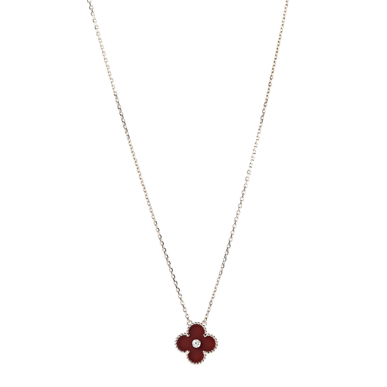 Van Cleef & Arpels 18K Rose Gold Diamond Carnelian Vintage Alhambra Pendant Necklace 1 of 7
