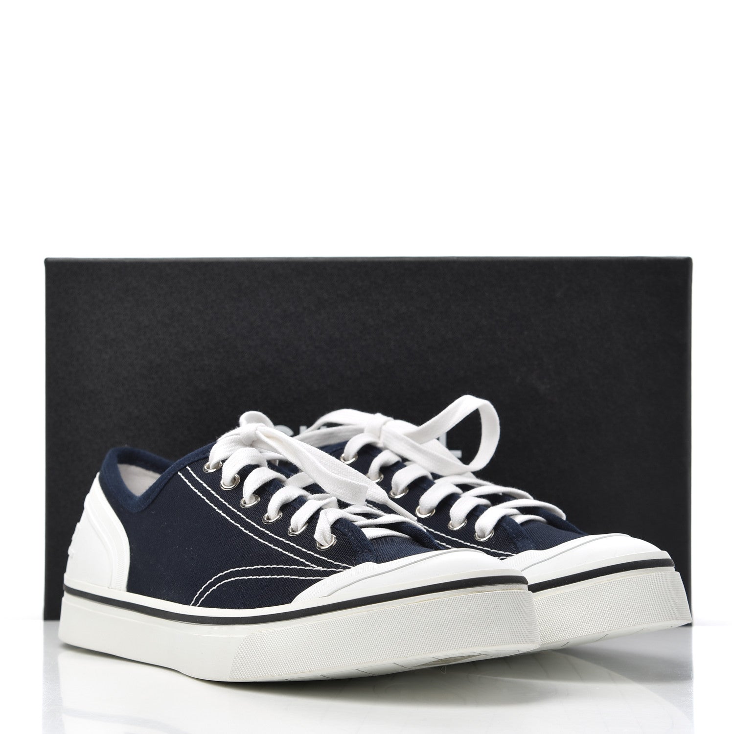 Chanel Fabric Mens Lace Up Cap Toe Sneakers 41 Navy 9 of 9