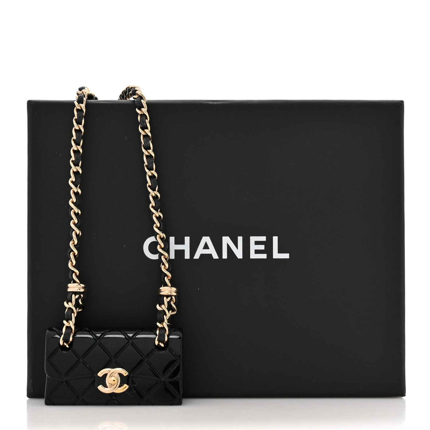 Chanel Metal Resin Calfskin Quilted CC Turnlock Chain Bag Necklace Gold Black 5 of 5
