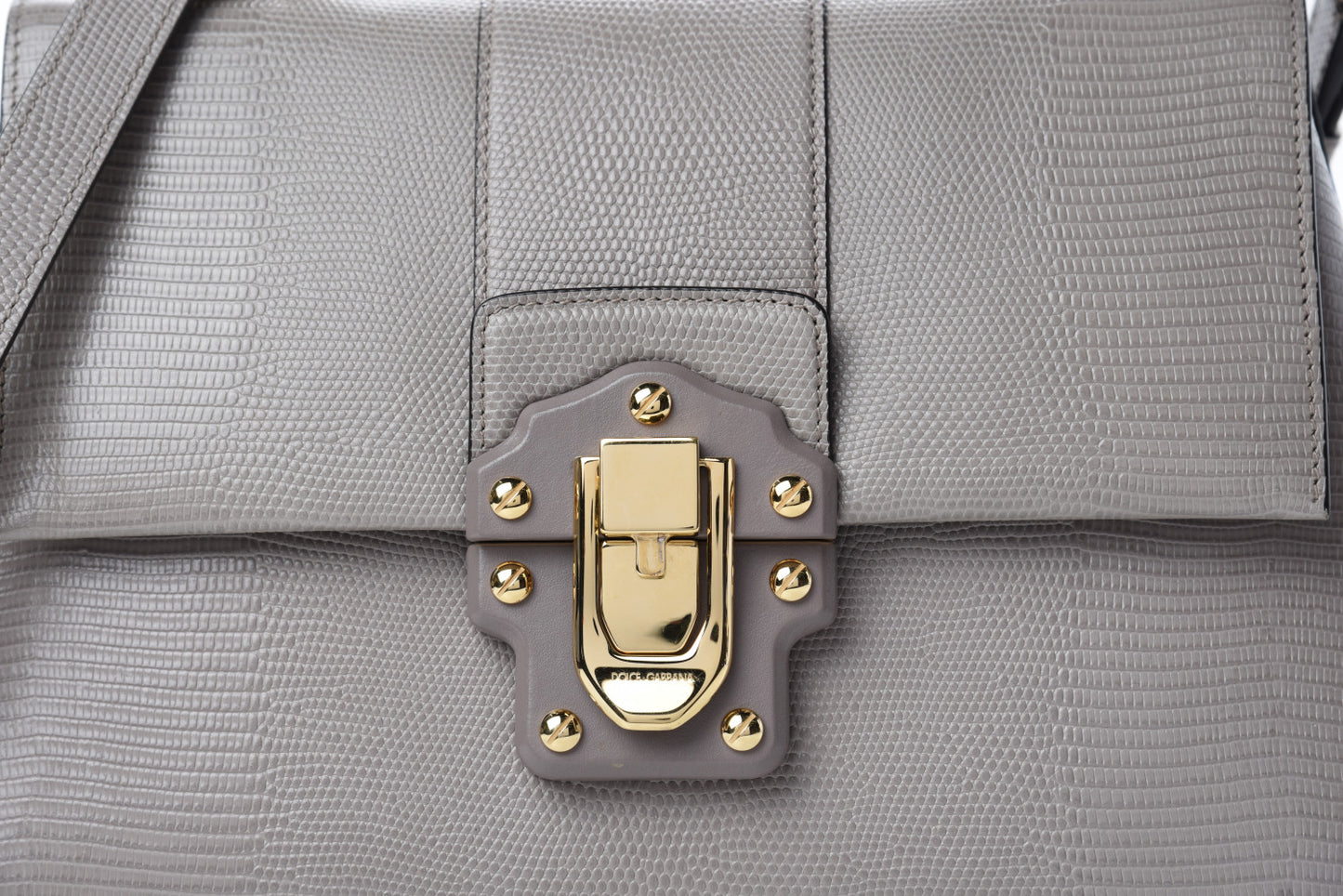 Iguana Calfskin Embossed Lucia Top Handle Bag Grey
