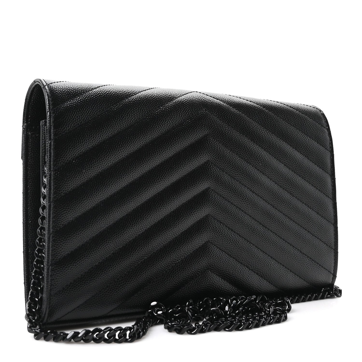 Saint Laurent Grain De Poudre Matelasse Chevron Monogram Monochrome Chain Wallet Black 3 of 11