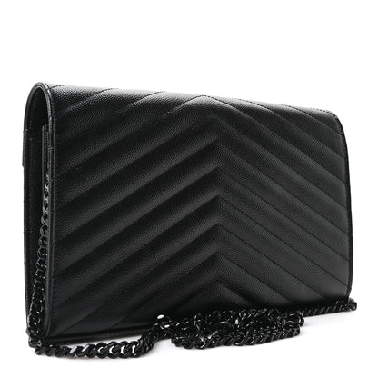 Saint Laurent Grain De Poudre Matelasse Chevron Monogram Monochrome Chain Wallet Black 3 of 11