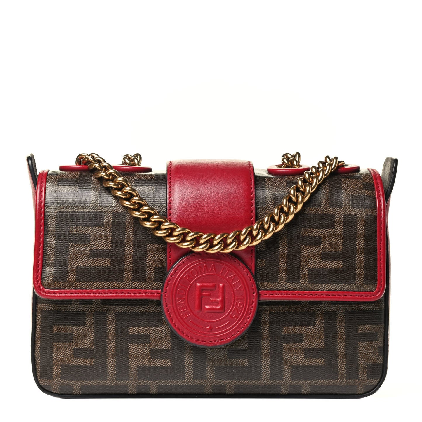 Glazed Fabric Vitello Century FF 1974 Stamp Patch Mini Double F Crossbody Bag Mogano Panna Fragola