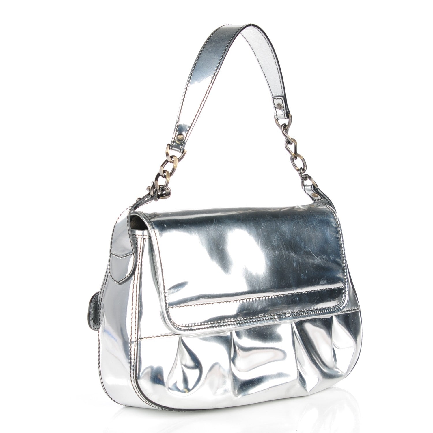 Fendi Metallic Calfskin B Bis Flap Bag Silver 3 of 7