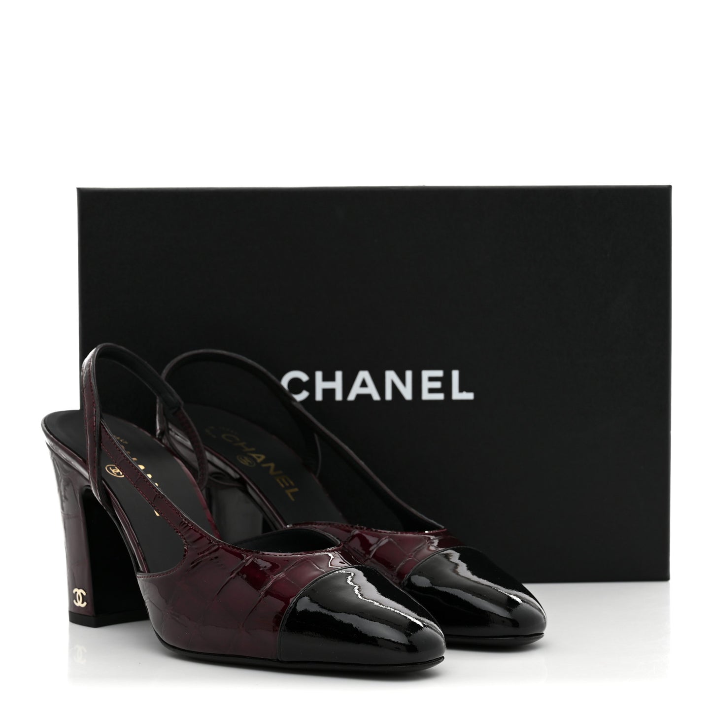 Patent Calfskin Crocodile Embossed Cap Toe CC Slingback 38 Dark Burgundy Black