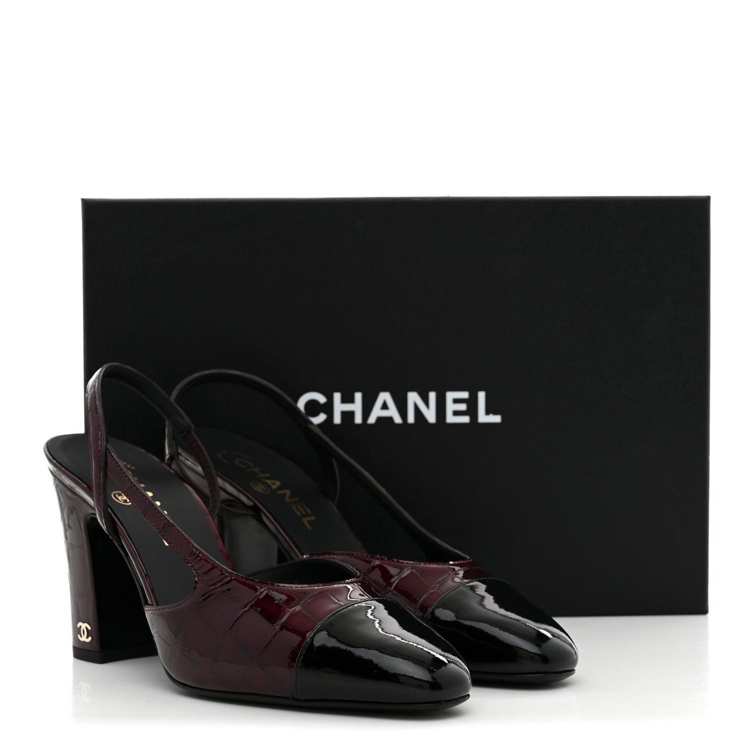 Chanel Patent Calfskin Crocodile Embossed Cap Toe CC Slingback 38 Dark Burgundy Black 10 of 10