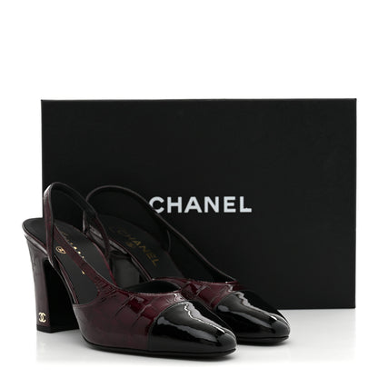 Chanel Patent Calfskin Crocodile Embossed Cap Toe CC Slingback 38 Dark Burgundy Black 10 of 10