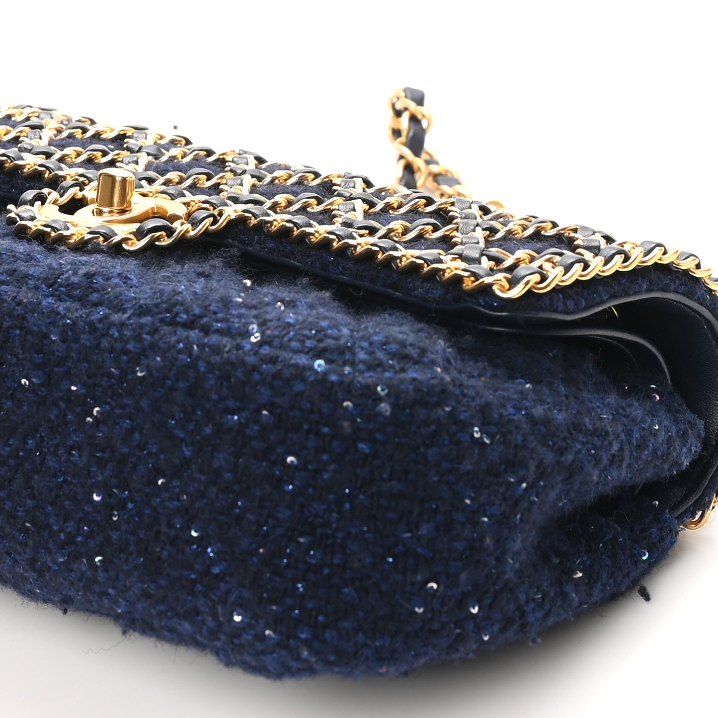 Tweed Sequin Timeless Classic Chained Double Flap Navy Blue