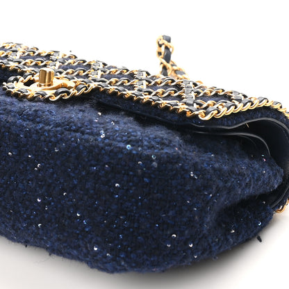 Chanel Tweed Sequin Timeless Classic Chained Double Flap Navy Blue 10 of 11