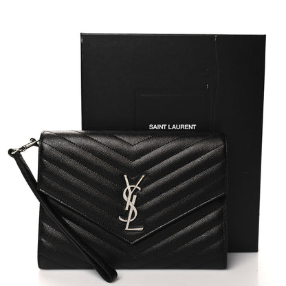 Saint Laurent Grain De Poudre Matelasse Chevron Monogram Envelope Clutch Black 11 of 11