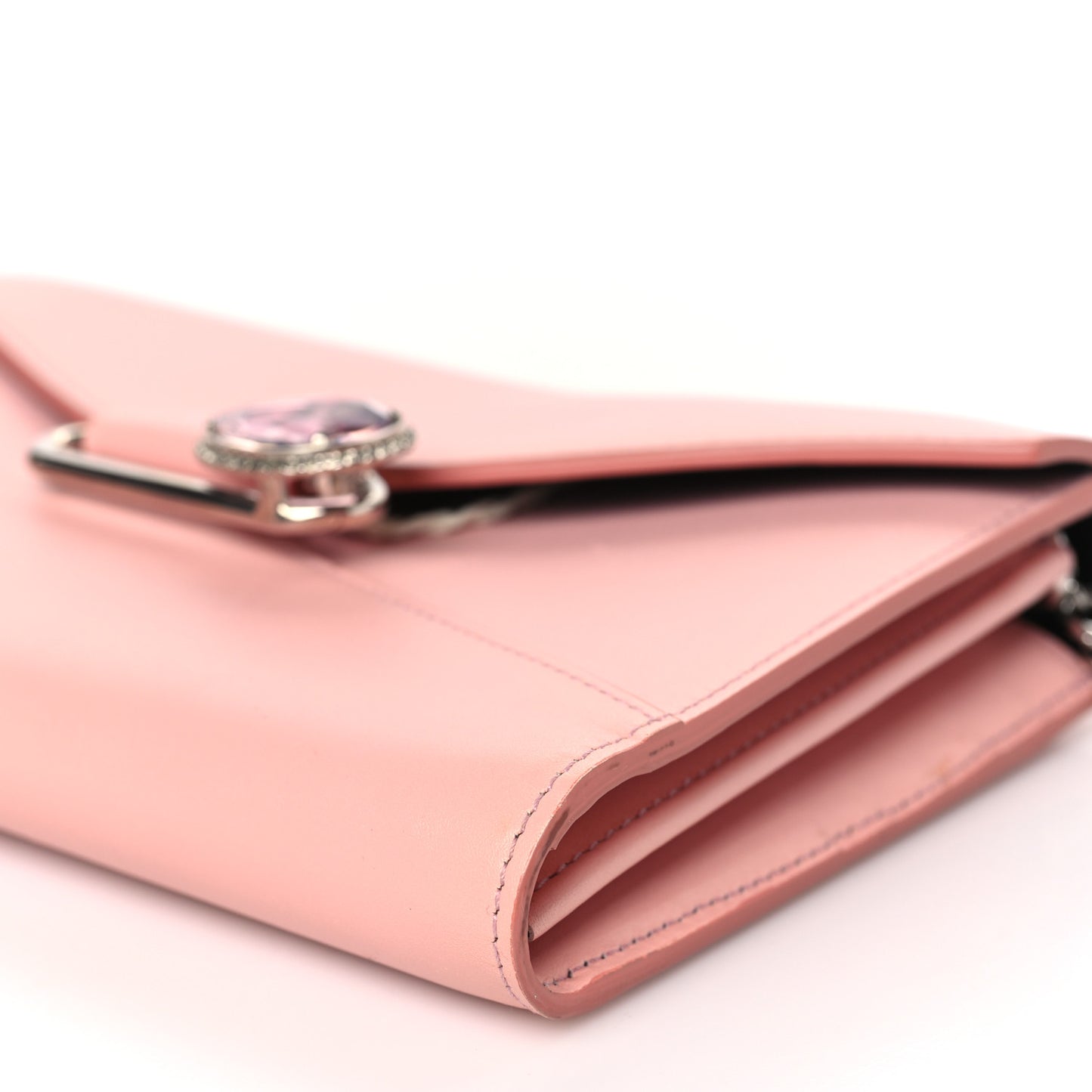 Calfskin Crystal Pin Envelope Wallet On Chain Pink