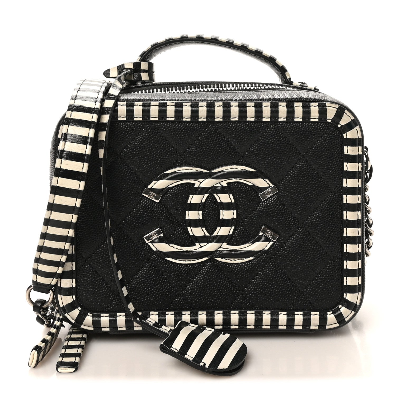 Chanel Caviar Quilted Striped Small CC Filigree Vanity Case Black White 1 of 10