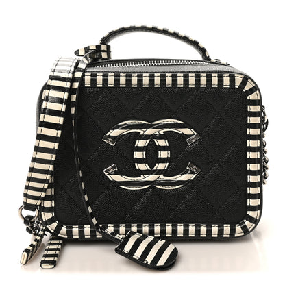 Chanel Caviar Quilted Striped Small CC Filigree Vanity Case Black White 1 of 10