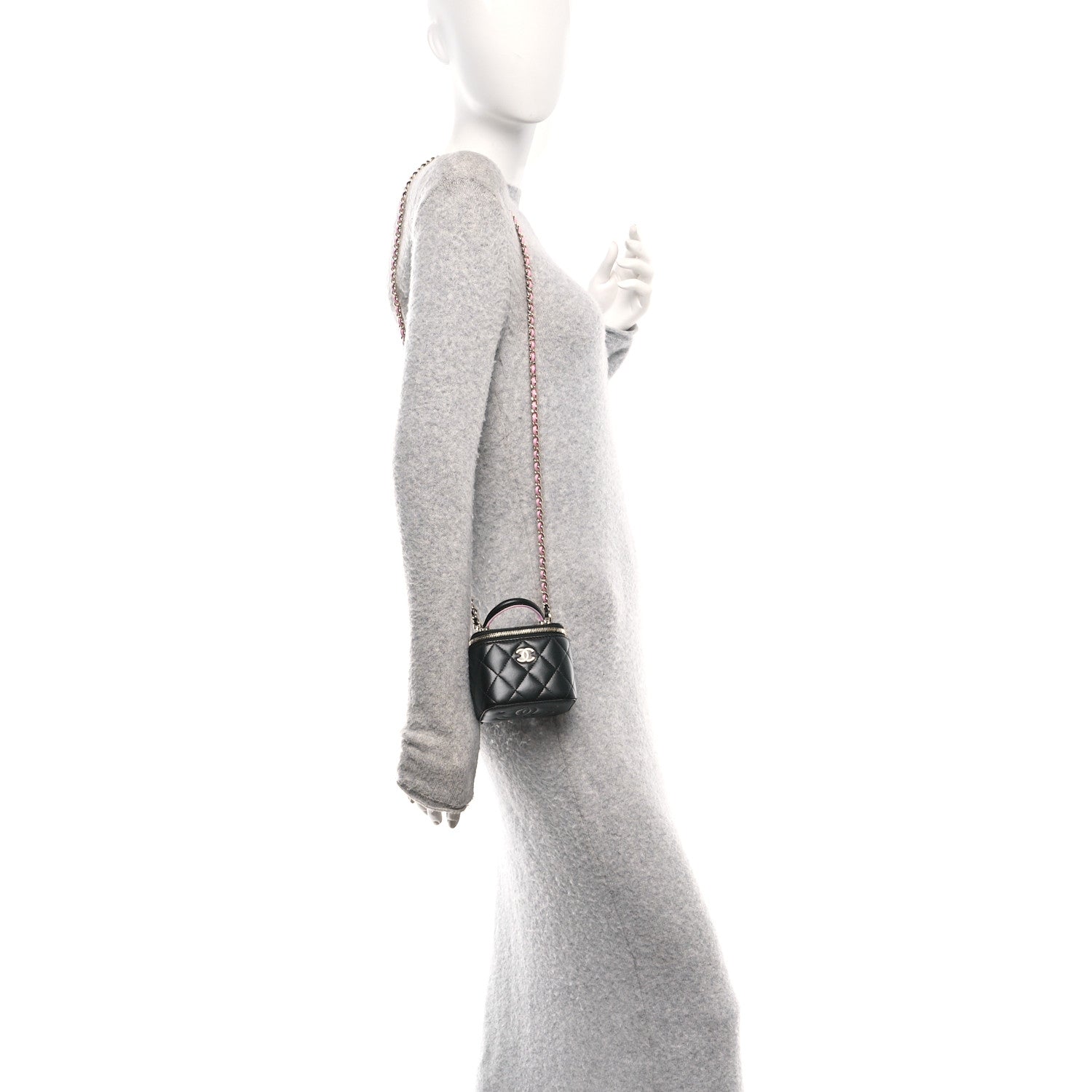 Chanel Lambskin Quilted Top Handle Mini Vanity Case With Chain Black Pink 2 of 11