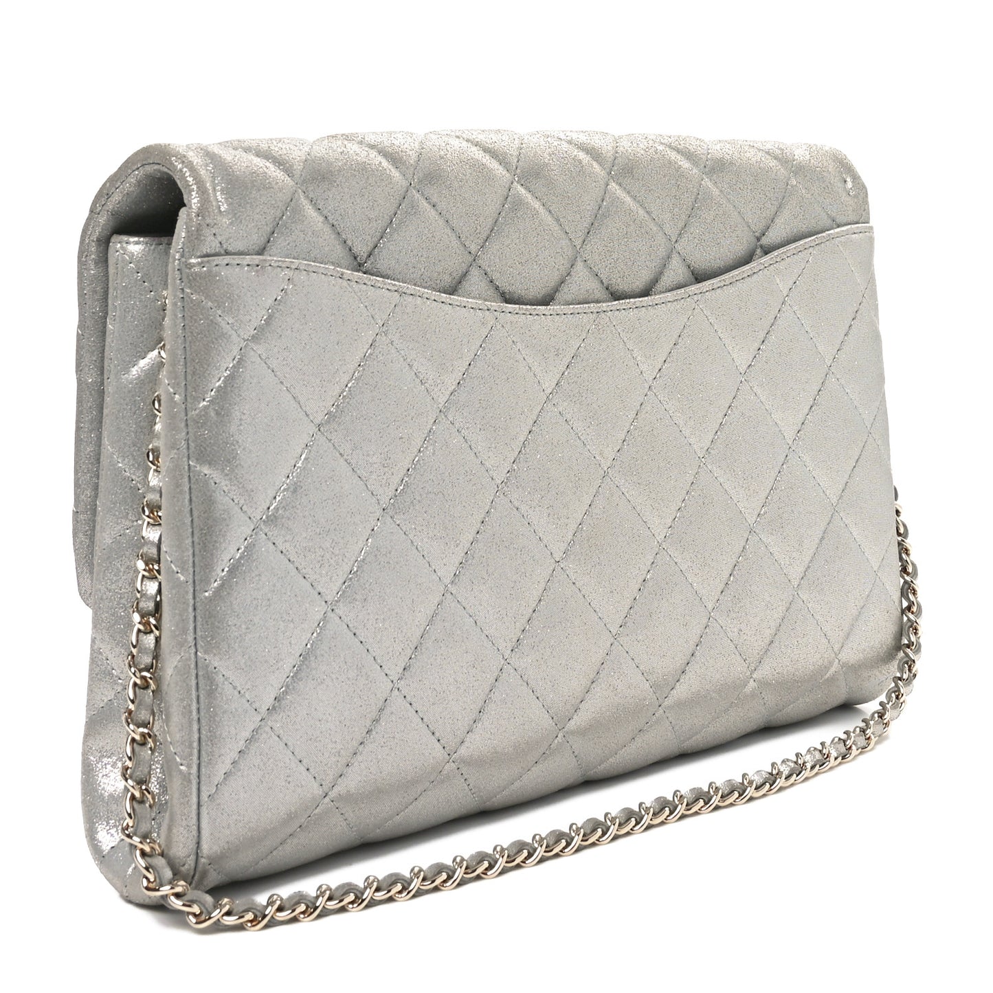 Iridescent Calfskin Quilted Clutch With Chain Flap Silver
