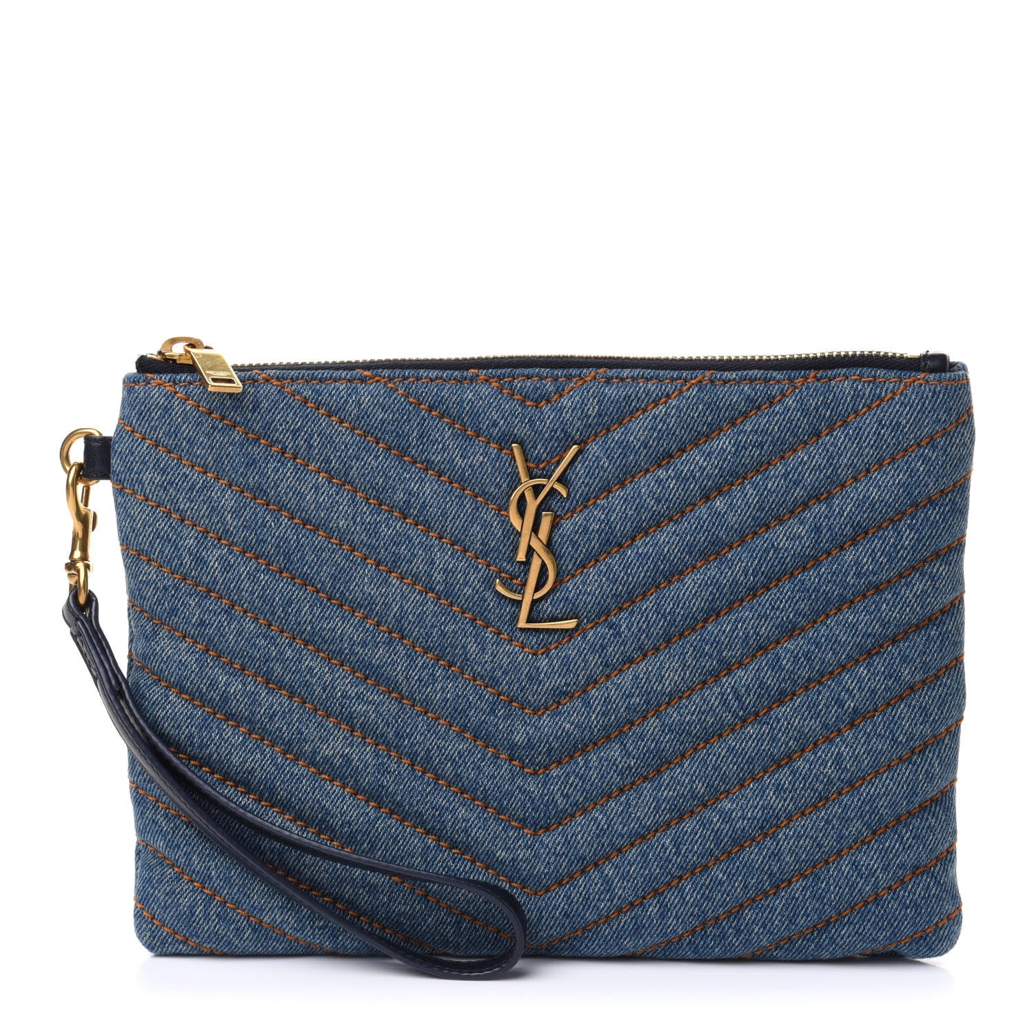 Saint Laurent Denim Matelasse Chevron Monogram A5 Wristlet Blue 1 of 11