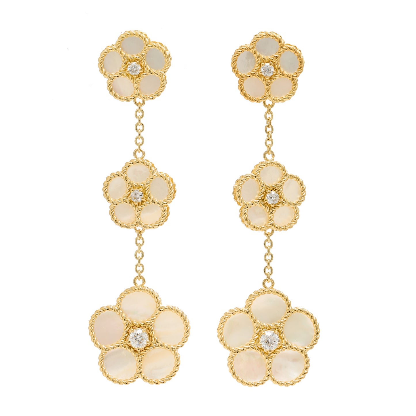 18K Yellow Gold Mother of Pearl Diamond Daisy Drop Earrings