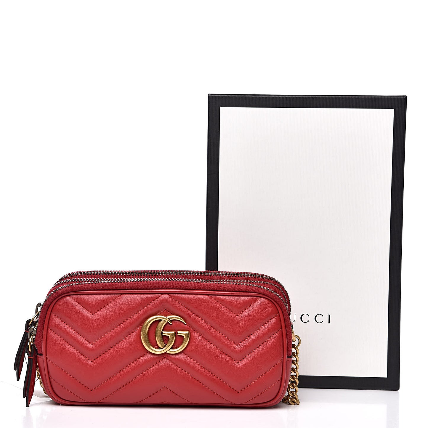 Calfskin Matelasse Mini GG Marmont Chain Crossbody Bag Hibiscus Red