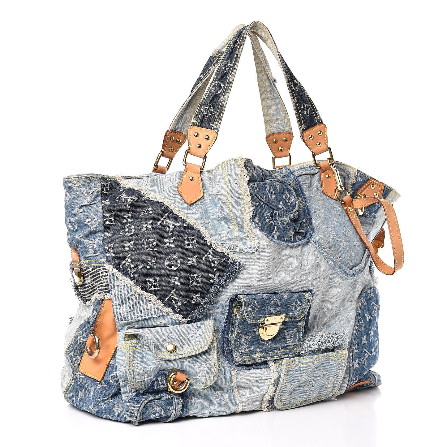 Denim Patchwork Cabby Tote Blue