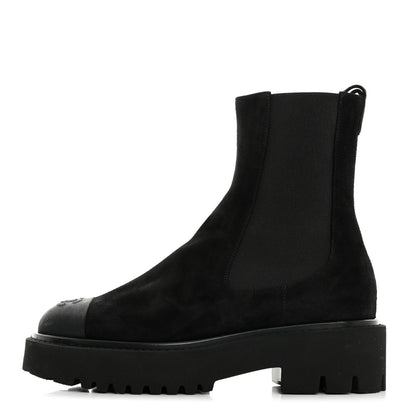 Chanel Suede Calfskin Grossgrain Cap Toe CC Ankle Boots 37 Black 1 of 8