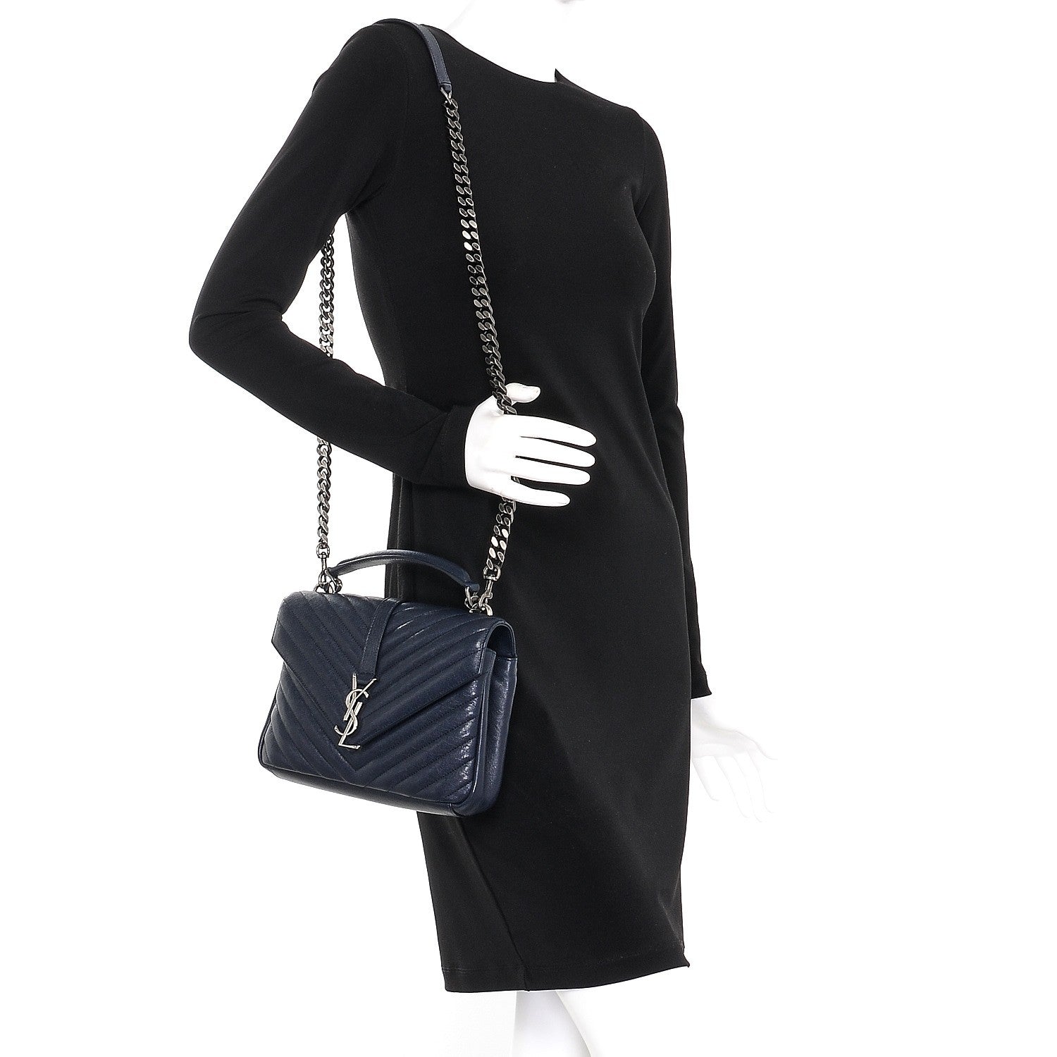 Saint Laurent Sheepskin Matelasse Chevron Monogram Medium College Bag Deep Marine 2 of 7