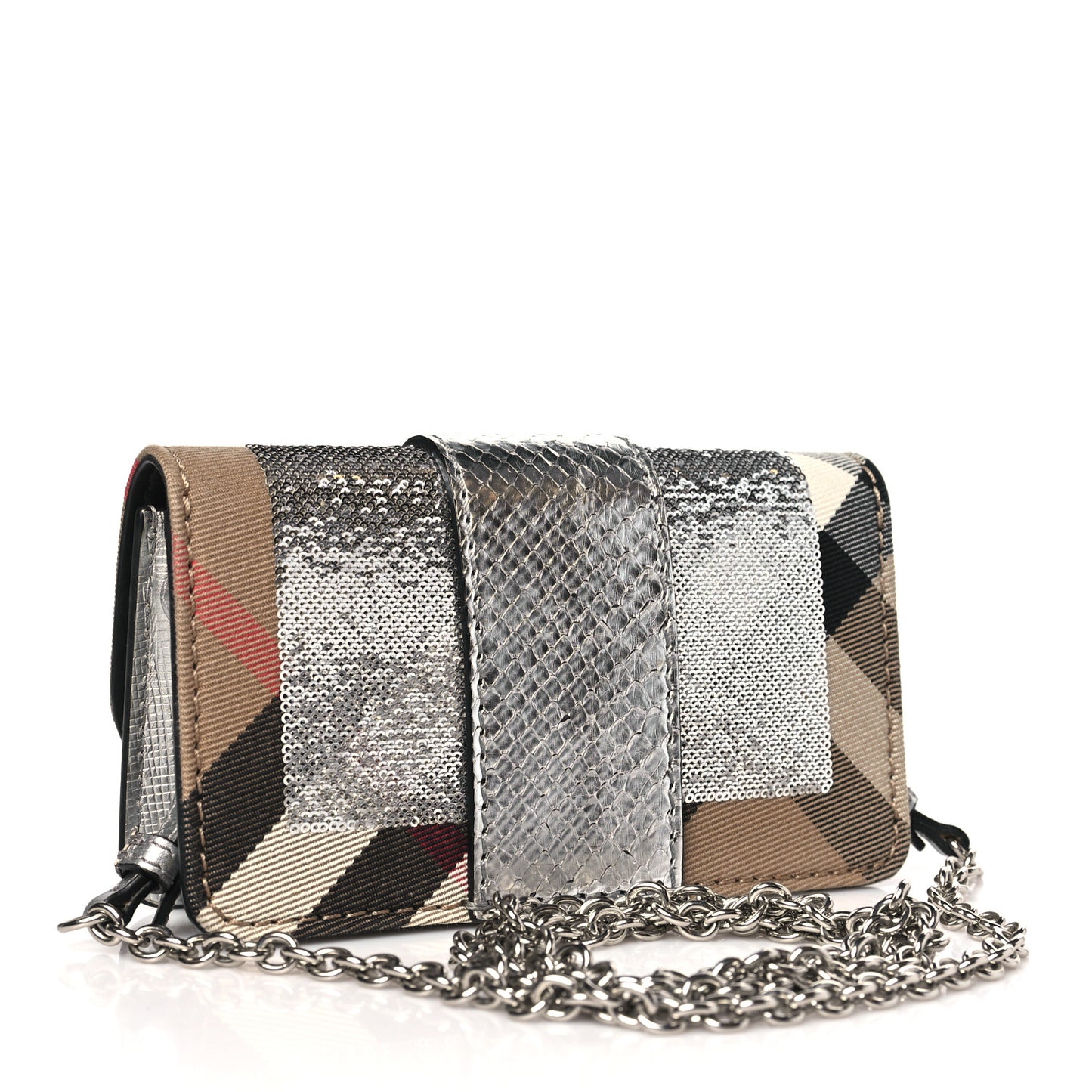 Metallic Snakeskin House Check Sequin Mini Madison Buckle Bag Silver