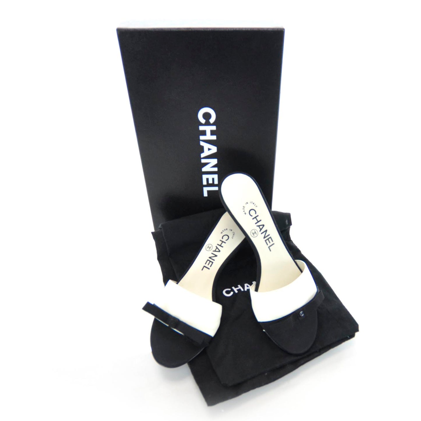 Leather CC Bow Mules 36 Black and White