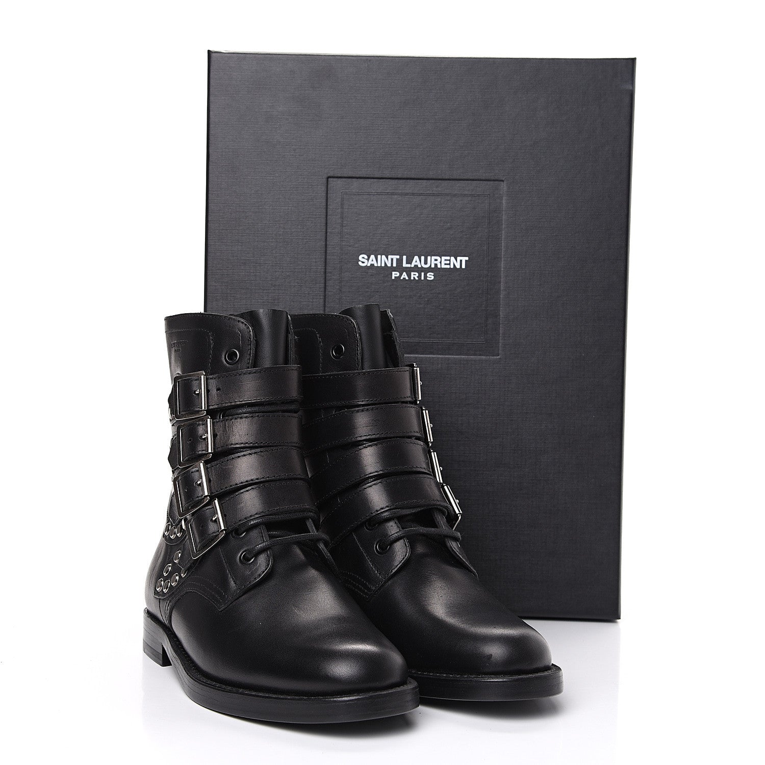 Saint Laurent Smooth Calfskin Studded Strap Rangers Boots 36.5 Black 9 of 9
