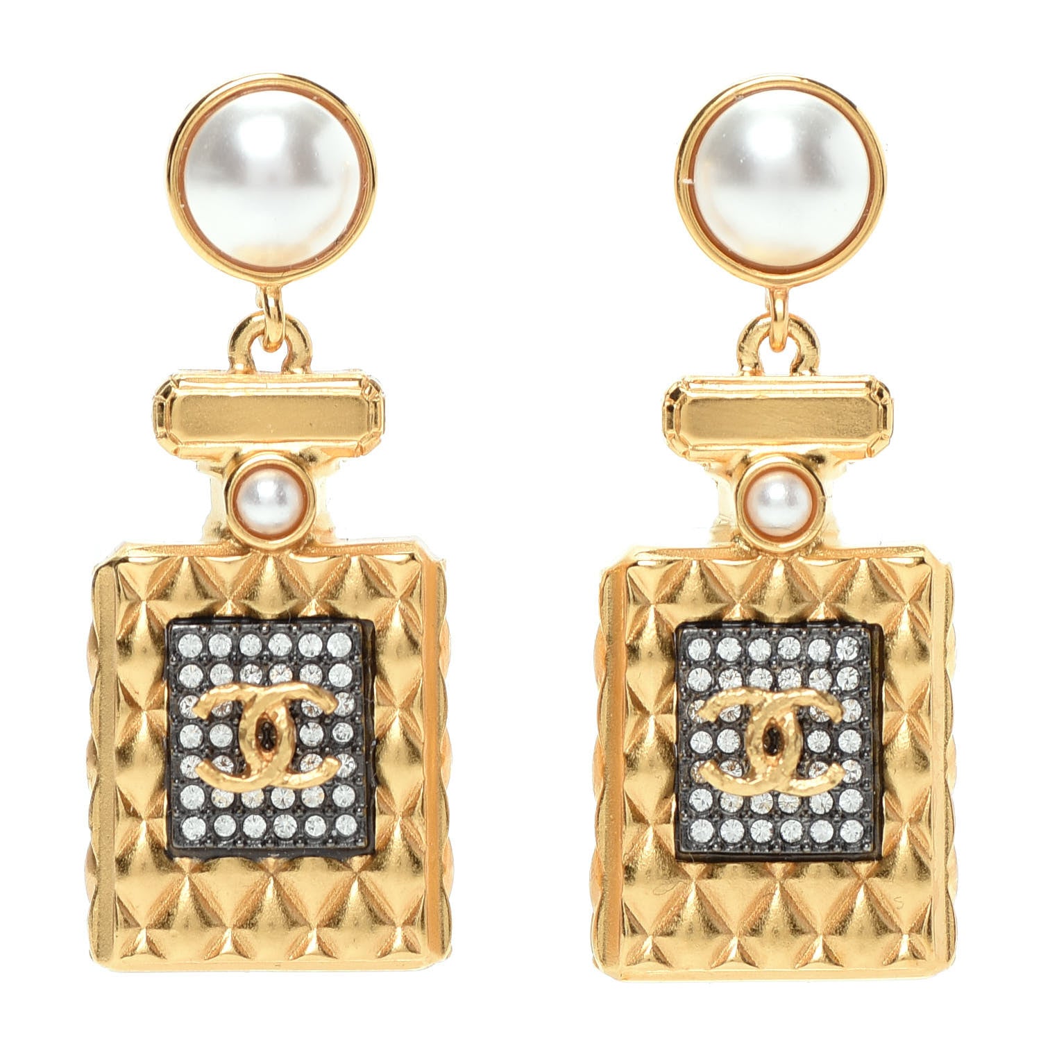 Chanel Crystal Pearl CC Perfume Bottle Drop Earrings Gold 1 of 6