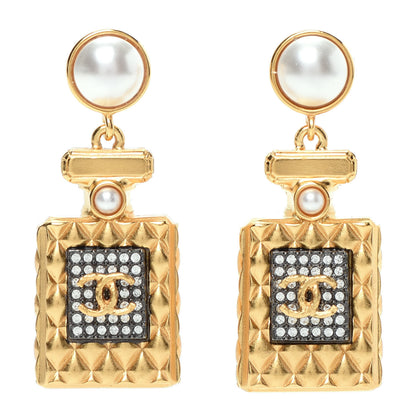 Chanel Crystal Pearl CC Perfume Bottle Drop Earrings Gold 1 of 6