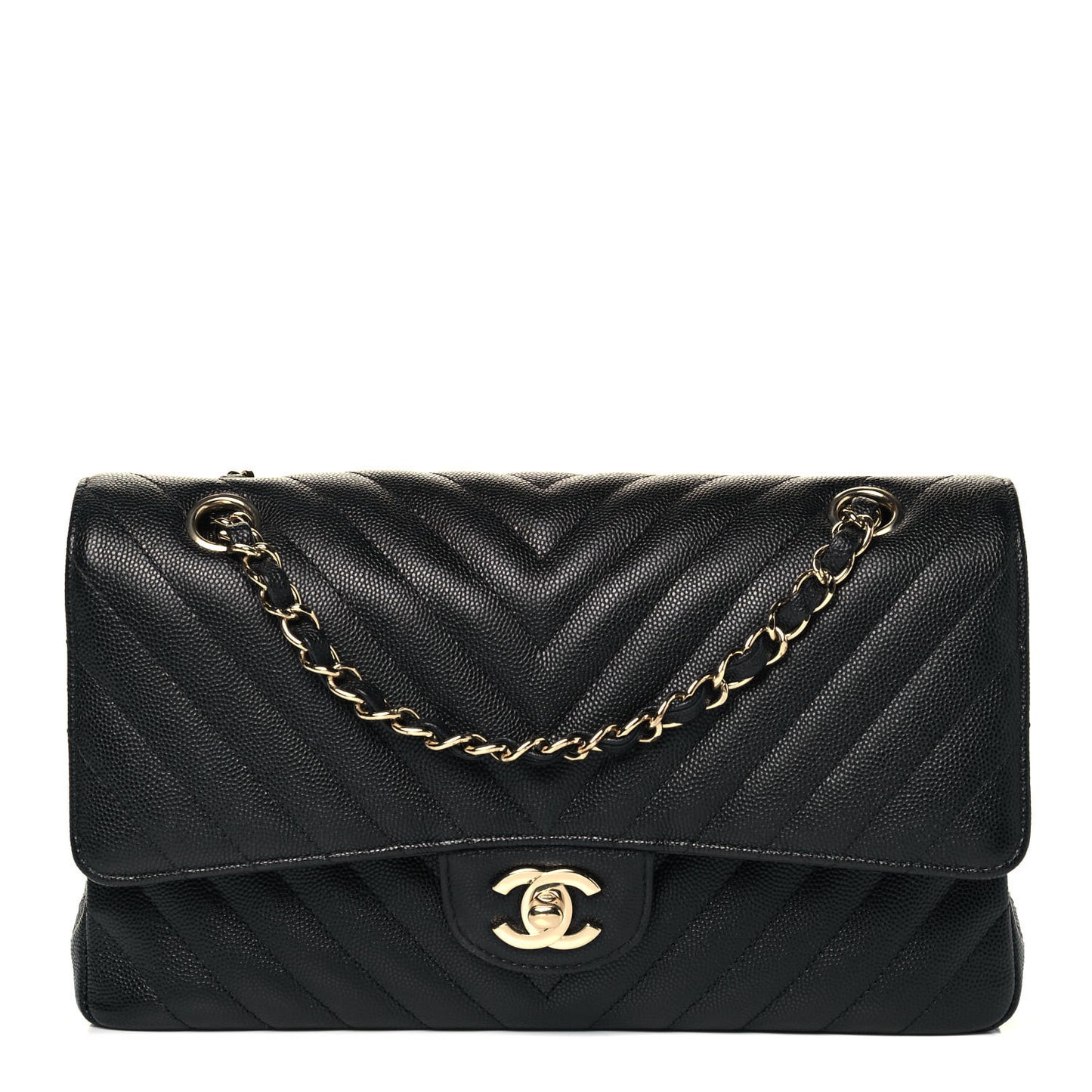 Caviar Chevron Quilted Medium Double Flap Black