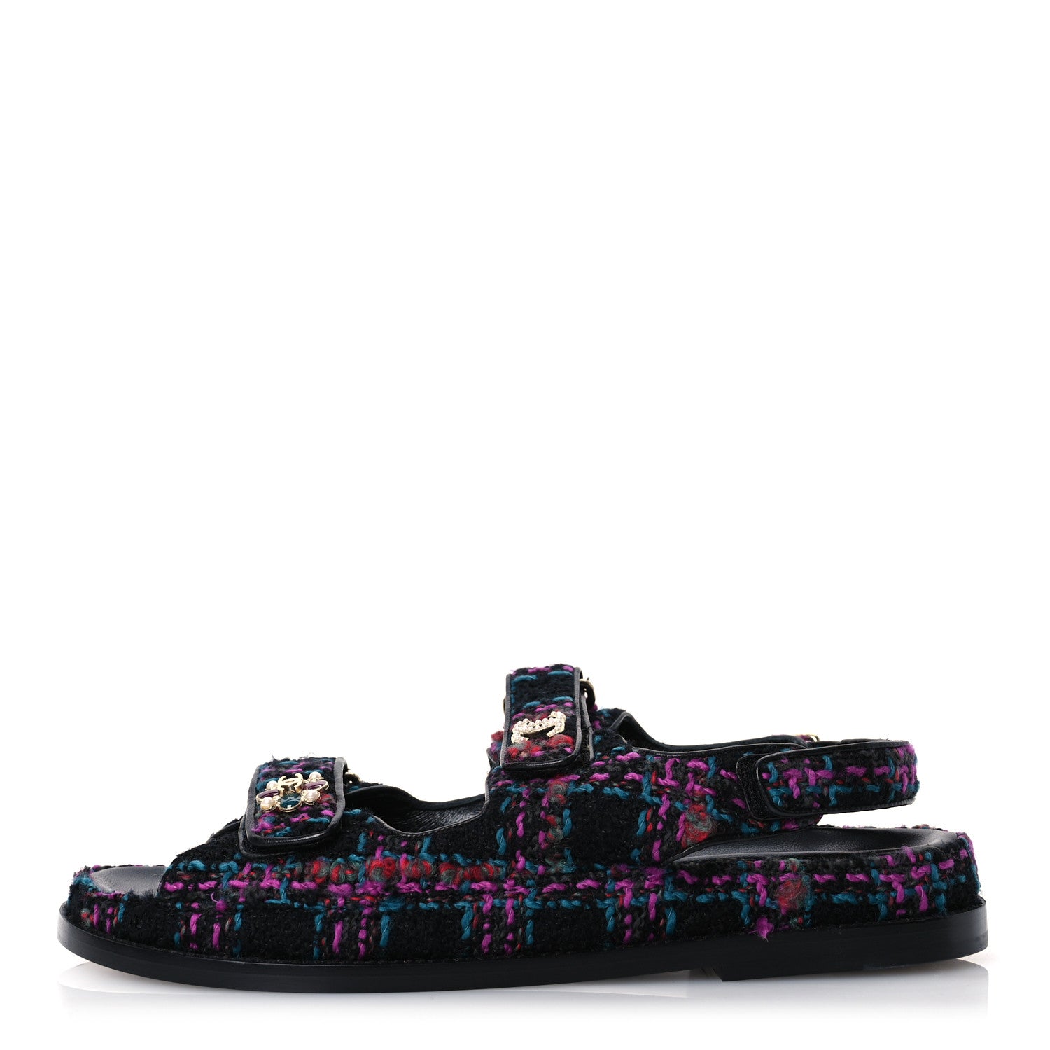 Chanel Wool Tweed Velcro Dad Sandals 41 Black Purple Green Red 1 of 16