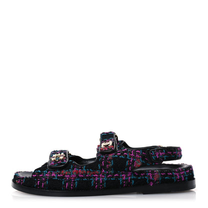 Chanel Wool Tweed Velcro Dad Sandals 41 Black Purple Green Red 1 of 16