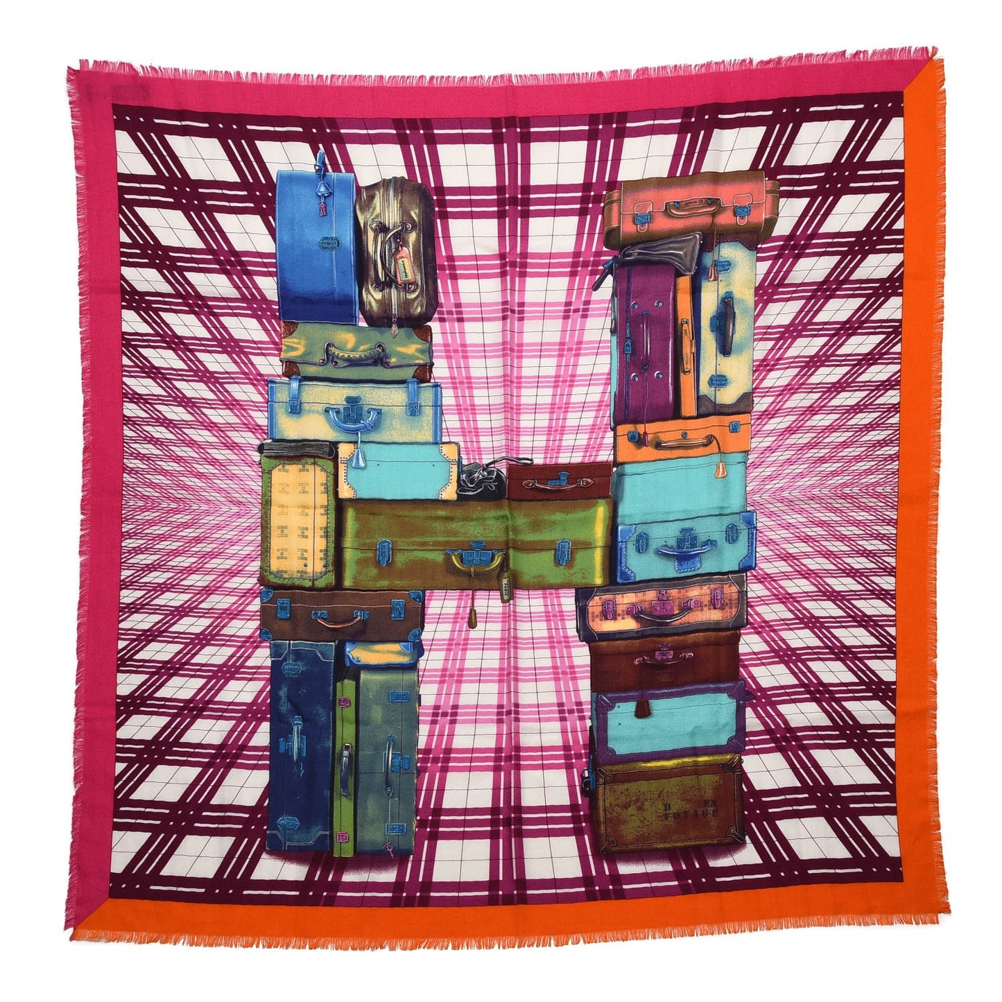 Cashmere Silk H en Voyage Fringed Scarf 90 Orange Fuchsia Turquoise