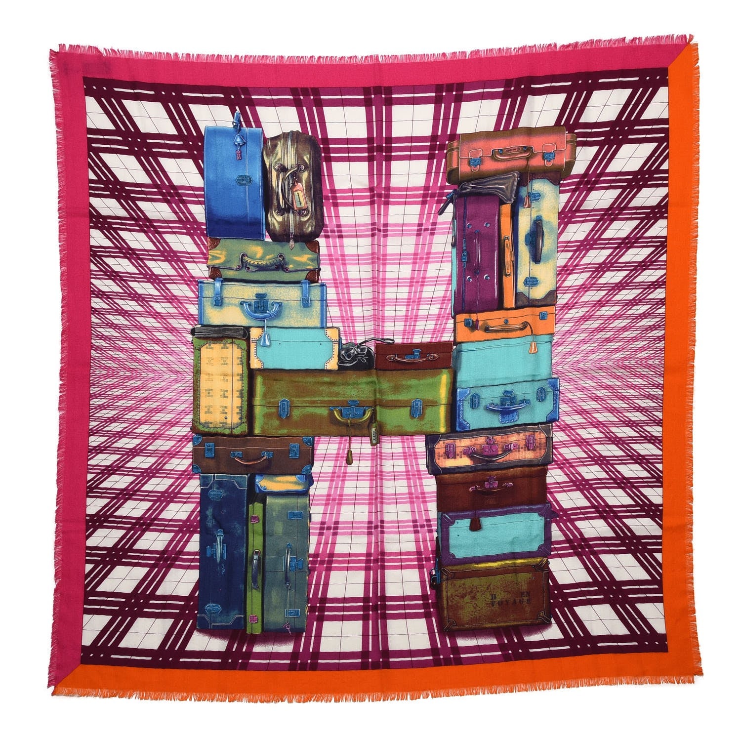 Hermes Cashmere Silk H en Voyage Fringed Scarf 90 Orange Fuchsia Turquoise 1 of 6