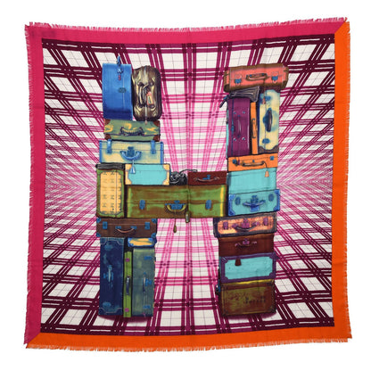 Hermes Cashmere Silk H en Voyage Fringed Scarf 90 Orange Fuchsia Turquoise 1 of 6