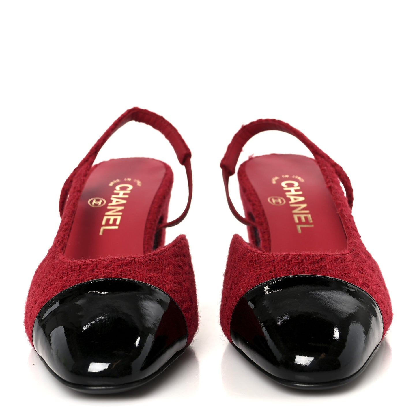 Tweed Patent Cap Toe CC Slingback Pumps 38.5 Red Black